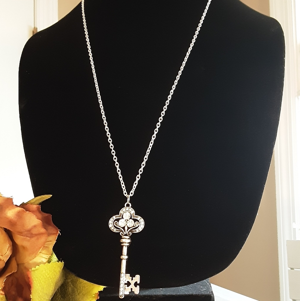 Hand Crafted Key Necklace With Silver Rhinestones